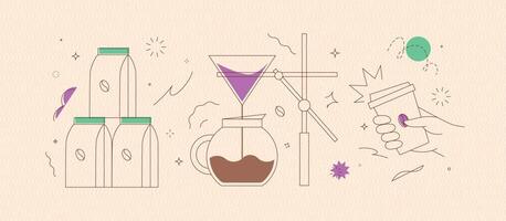 Coffee maker, pack, take away cup symbols drawing in modern linear art style on peach background vector