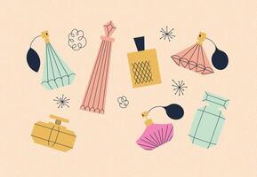 Perfume bottle collection drawing with color in retro style on beige background vector