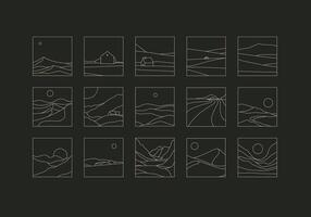 Mountain silhouettes icon set drawing in linear art style on black background vector