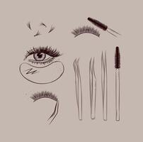 Lashes treatment studio tools collection drawing with black on beige background vector
