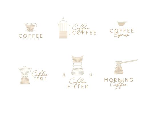Coffee linear labels with lettering cup, glass, french press, maker, filter, drip, turk, pot drawn with flat beige lines on white background
