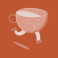 Running sleepy cup of coffee drawing in cartoon flat line style on mustard vector