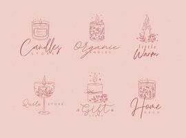 Candles with branches and leaves label collection drawing on red background vector
