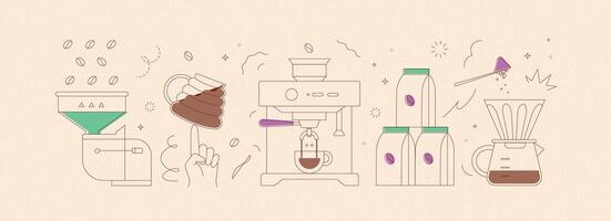 Coffee mill, cup, machine, pack, maker symbols drawing in modern linear art style on peach background vector