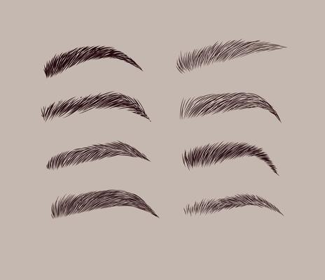 Eyebrows collection set in different shape form drawing with black on beige background