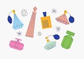 Perfume bottle collection drawing with color in retro style on light background vector