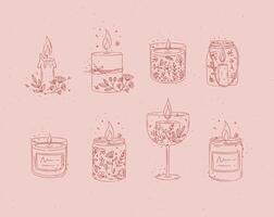 Candles with branches and leaves collection drawing on red background vector