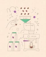 Coffee bean container coffee machine symbols drawing in modern linear art style on peach background vector