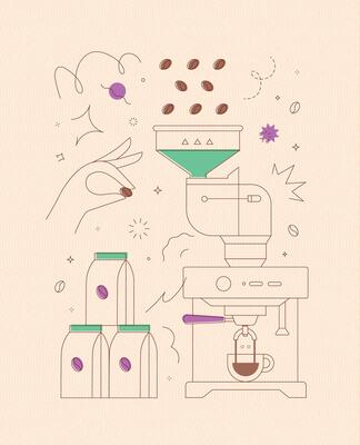 Coffee bean container coffee machine symbols drawing in modern linear art style on peach background