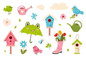 Spring Element Set with birdhouses, flowers, boots, birds, water can and umbrellas. Perfect for scrapbooking, invitations, and digital crafts. vector