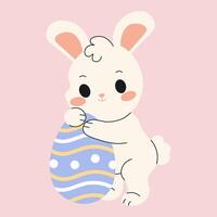 Flat style illustration of a cute Easter bunny holding a decorated egg, ideal for festive designs, greeting cards, and spring-themed projects. vector