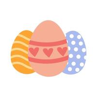 Flat style illustration of three decorated Easter eggs with heart, wave, and polka dot patterns, perfect for holiday designs, greeting cards, and festive decorations. vector
