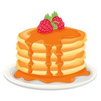 stack of pancakes topped with whipped syrupand raspberries vector