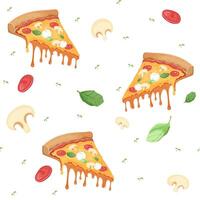 pattern with a piece of pizza, tomatoes, basil and microgreens on a transparent background vector