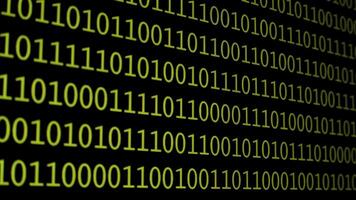 Binary Code Data Stream on Digital Screen, Close-up view of glowing green binary code on a black background representing digital data. video