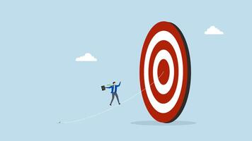 Set goal and take action to achieve goal or target, 4k animation of businessman walking on the line aiming at target bullseye video