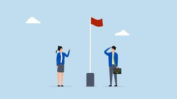 Red flag warning to be careful for business, 4k animation of considerate businessman and businesswoman observe red flag alert video