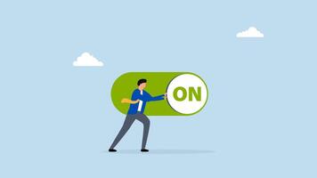 Turn on switch, 4k animation of smart businessman push setting button switch to on position video