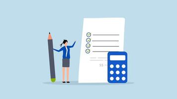 Project cost estimation, 4k animation of businesswoman with calculator estimate cost from project document video