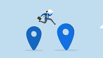 Business relocation, 4k animation of entrepreneur business owner leaping from one map marker to another as a metaphor for moving video