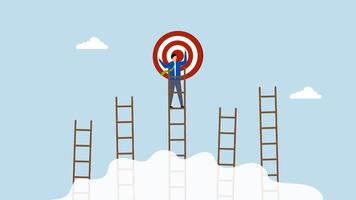 Ladder of success to reach goal or target, 4k animation of businessman climb up the right ladder to reach goal video