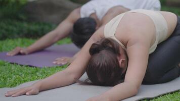 Three Person Yoga Pose Movement On Beautiful Lush Garden Green Grass in Ubud Bali Indonesia Relax video