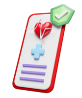 3d smartphone screen with health app, shield, check mark isolated. health check report concept, 3d illustration render png