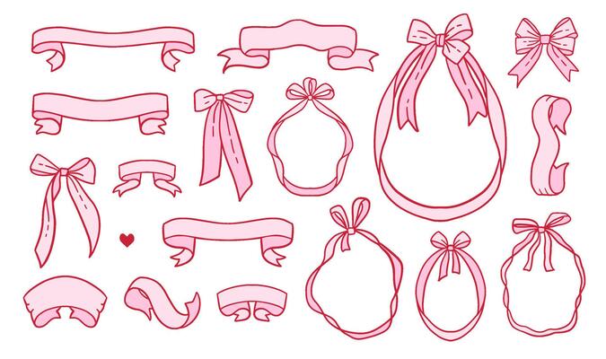 Set of pink coquette Frames, Ribbons, Bows for romantic invitation card, poster, social media design. Contour hand drawn illustration.