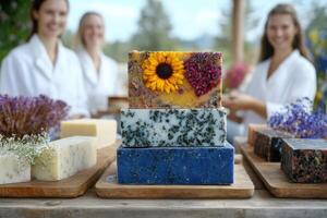 Two individuals in white robes enjoy a soap making workshop outdoors. Colorful handmade soaps featuring flowers and herbs are displayed prominently. The setting is serene and inviting photo