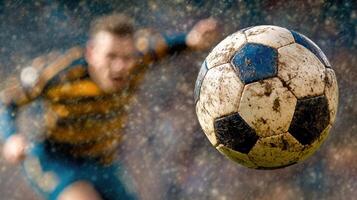 un experto fútbol jugador lanza un resistido pelota adelante en un empapado de lluvia campo, demostrando atletismo y atención en medio de el emoción de el juego foto