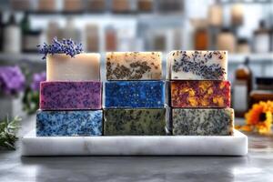 A variety of handmade artisanal soaps are arranged neatly in a cozy workshop. Each bar showcases unique colors and textures, highlighting natural ingredients and herbal elements photo