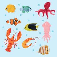 Underwater ocean creatures set with flat design style vector