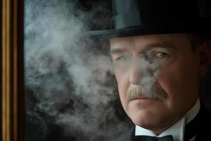 A man with a refined mustache and sharp features exudes charisma while dressed in formal attire. Smoke wraps around him, creating an air of mystery and intrigue photo