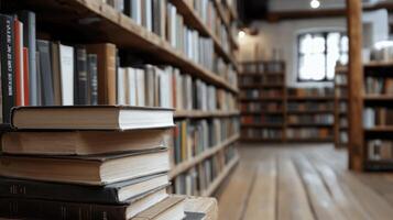 Stacks of books rest on a wooden surface while shelves filled with various titles line the walls of a charming library. Soft lighting creates an inviting atmosphere photo