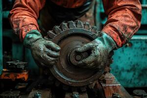 A worker, clad in protective gear, engages in machinery repair with hands covered in grease and dirt in a vibrant industrial workspace filled with tools photo