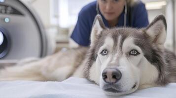 A veterinarian is getting a dog ready for an MRI procedure in a veterinary clinic. The dog is calm, lying on the examination table, while the vet ensures its comfort photo
