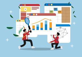 Research result analysis report, Artificial intelligence, diagram dashboard, financial graph statistics, analyzing data, SEO or optimization concept, investment, two businessmen with magnifying glass vector