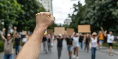 Crowds gather in a bustling urban area as participants raise their fists in unison, expressing support for a cause. Signs are held high, promoting messages of equality and change photo