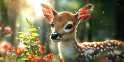 A young fawn stands gracefully among lush greenery and bright flowers, basking in the warm glow of the sun filtering through the trees. The tranquil forest setting creates a serene atmosphere photo