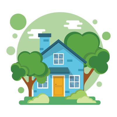 House with trees and bushes on a white background
