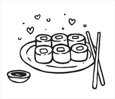 Sushi plate with soy sauce and chopsticks. Doodle drawing. vector