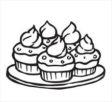 homemade cupcakes with whipped cream. illustration in doodle style vector