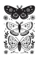 Set of mystical butterflies in boho style. Doodle illustrations. vector