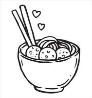 bowl of chinese noodles and chopsticks, with soy sauce and chopsticks. Doodle style illustration. vector