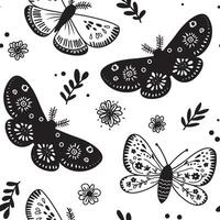 seamless pattern with mystical moth in boho style. illustration in doodle style vector