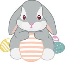 Cute Holiday Illustration of Kawaii Grey Bunny with Easter Eggs. A sweet grey bunny cuddling a large Easter egg, surrounded by colorful decorated eggs with a soft pastel color palette. vector