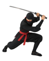 A 3D animated ninja crouching, ready to strike. isolated on a transparent background png