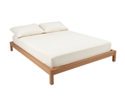 A bed with white sheets and two pillows on a transparent background png