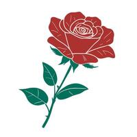 Groovy rose sticker. Retro red rose with leaves and dynamic stroke vector