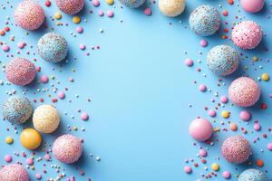 Colorful candy spheres scattered with rainbow sprinkles, centered on azure surface with spacious negative area photo